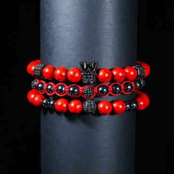 Crimson Royal Triple Bracelet Set – Red Stone & Black Crown Edition
