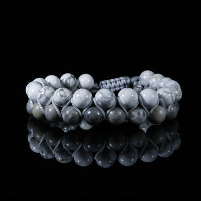 Silver Marble Woven Bracelet – Dual-Layer Howlite & Grey Stone Edition