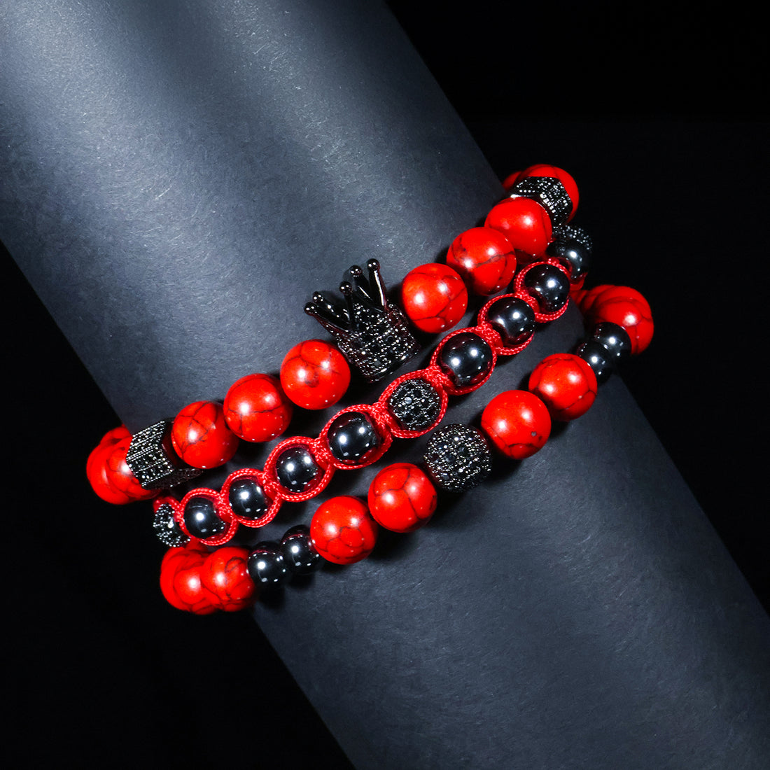 Crimson Royal Triple Bracelet Set – Red Stone & Black Crown Edition