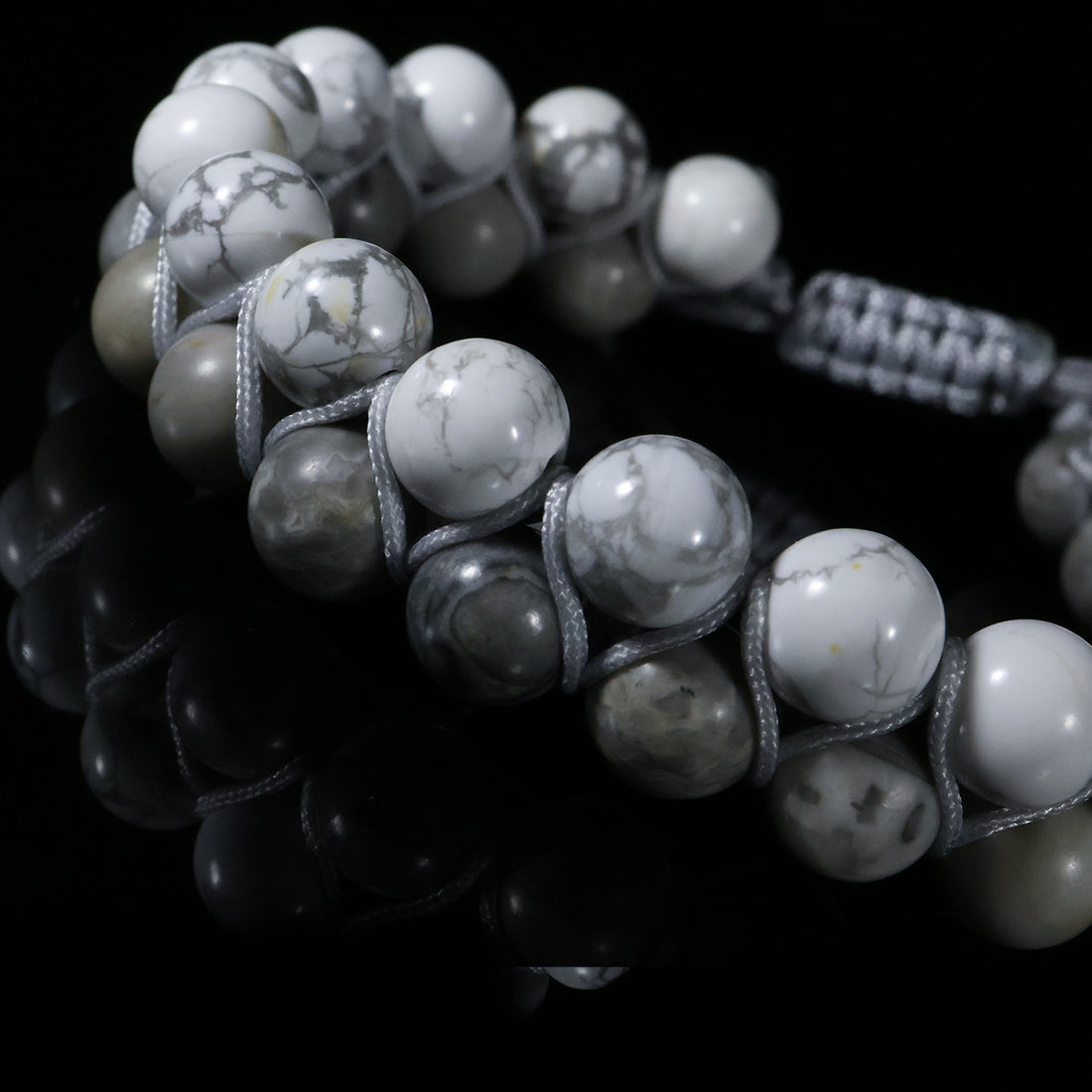 Silver Marble Woven Bracelet – Dual-Layer Howlite & Grey Stone Edition