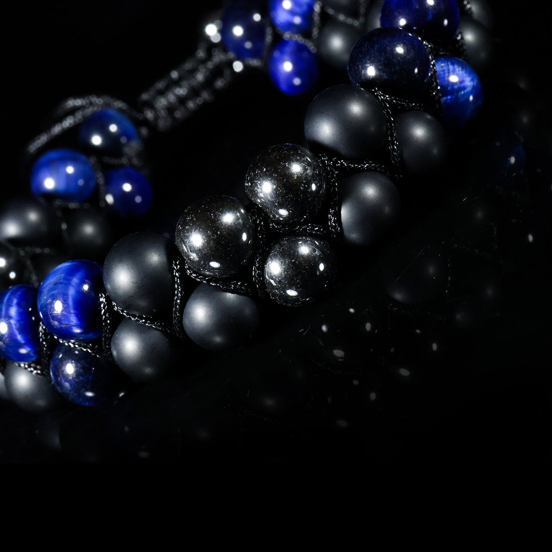 Midnight Sapphire Woven Bracelet – Blue Tiger Eye & Matte Black Edition
