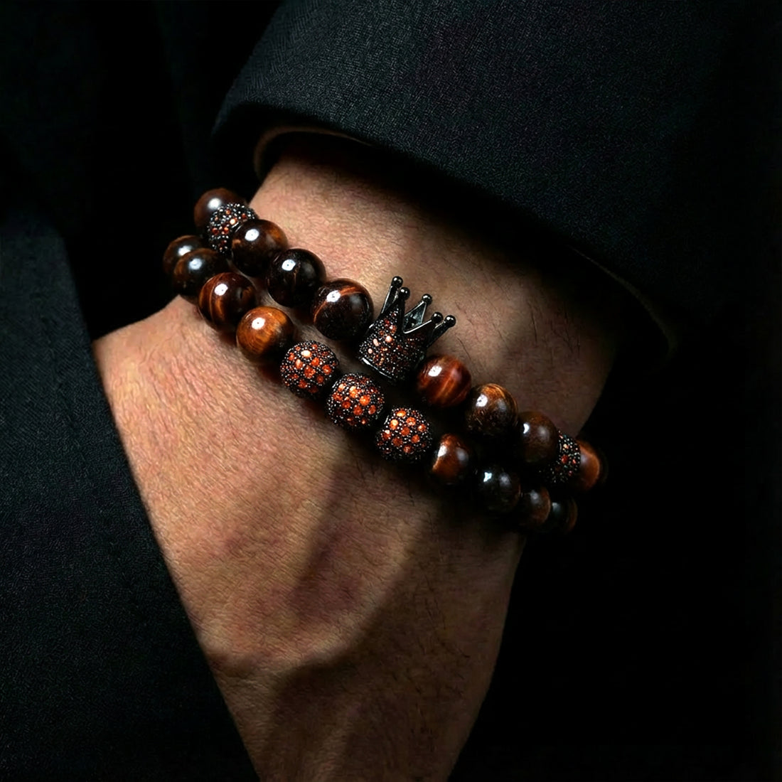 Royal Ember Bracelet Set – Premium Tiger Eye Crown Edition