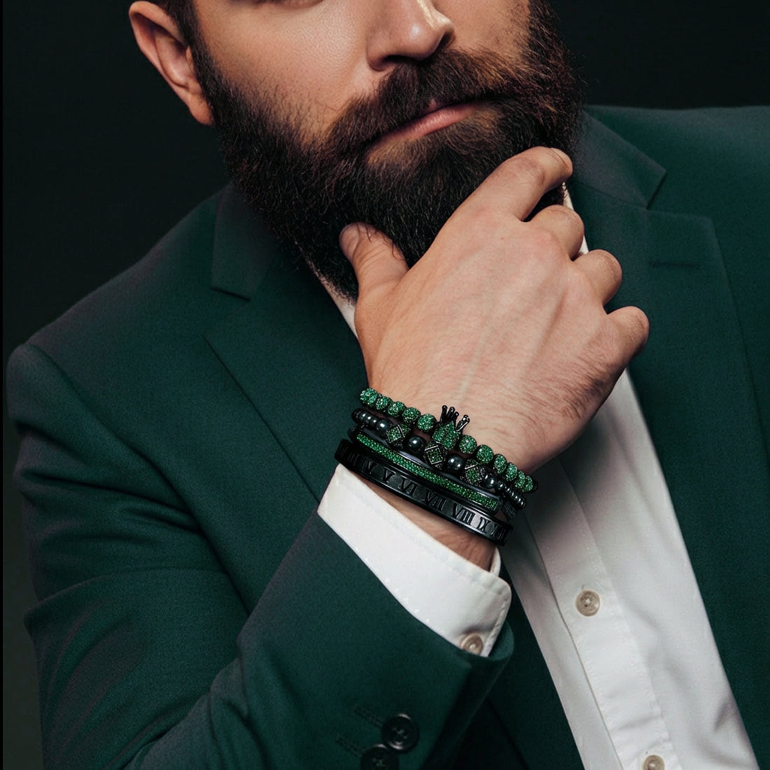 Emerald Royal Crown Bracelet Set – Luxury Men’s Signature Stack