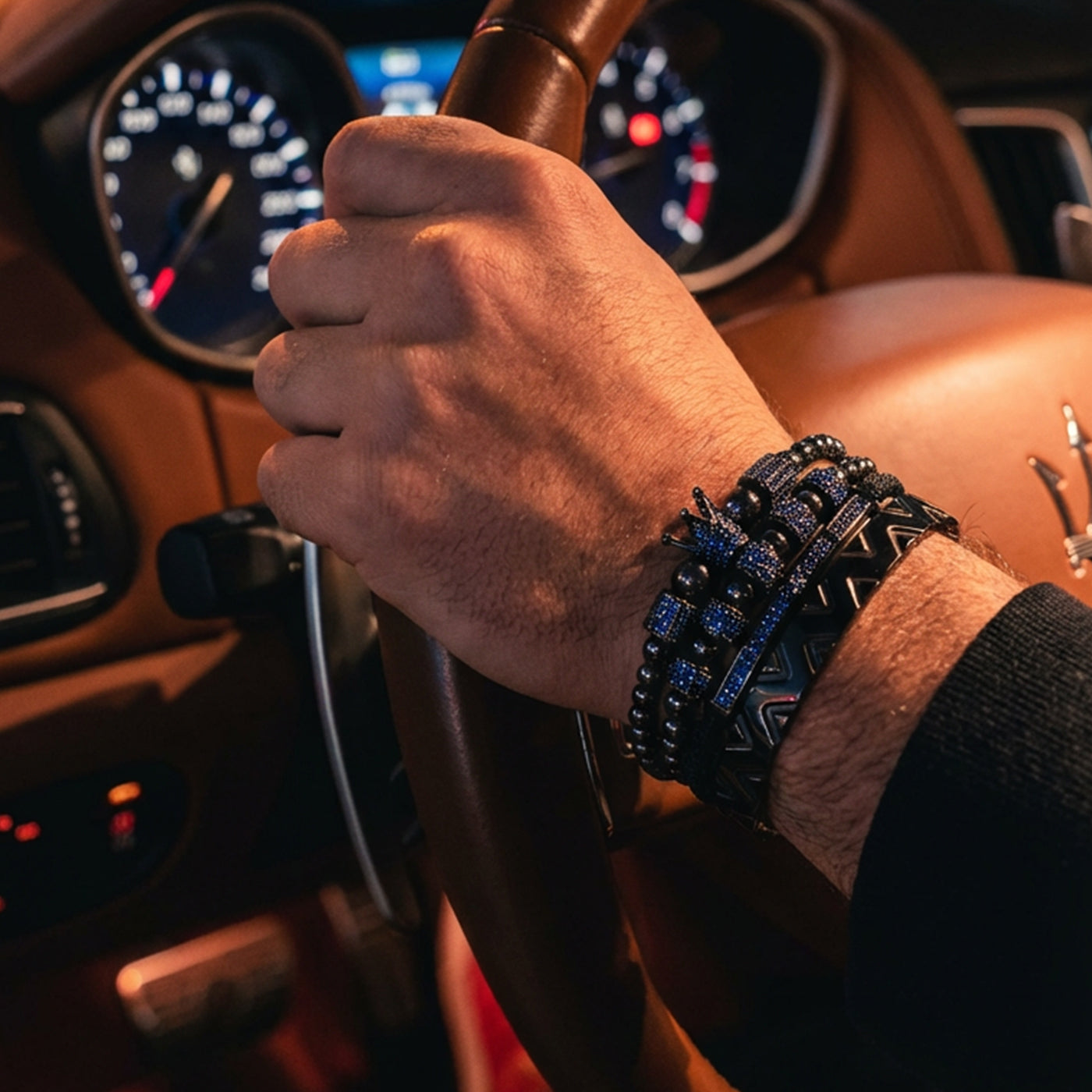 Midnight Sapphire Woven Bracelet – Blue Tiger Eye & Matte Black Editio